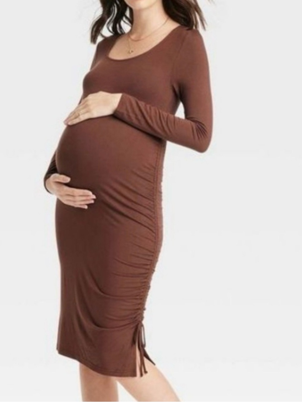 Isabel Maternity Maternity Long Sleeve Ruched Bodycon Dress in Brown size small